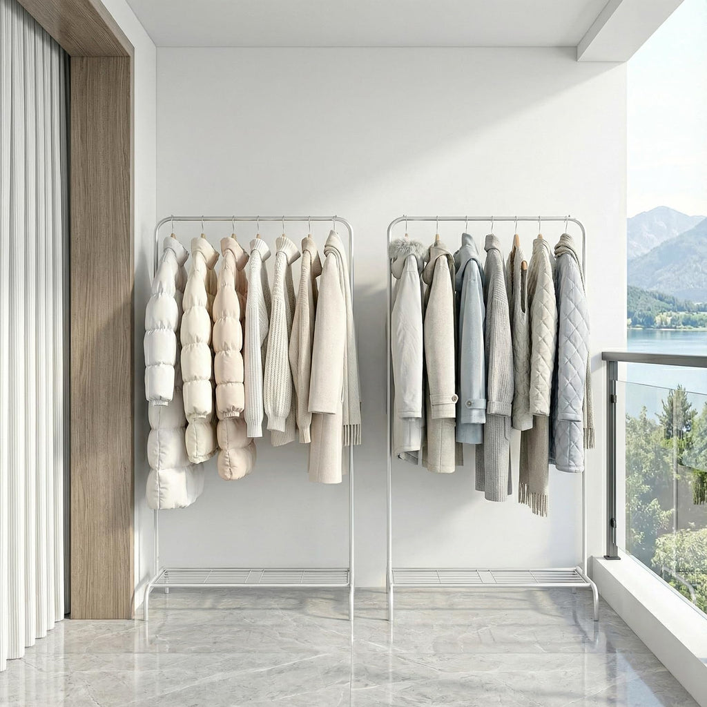 Small White Clothing Rack 2 Pack, Garment Rack No Wheels, Free Standing Clothes Rack with Bottom Shelf for Hanging