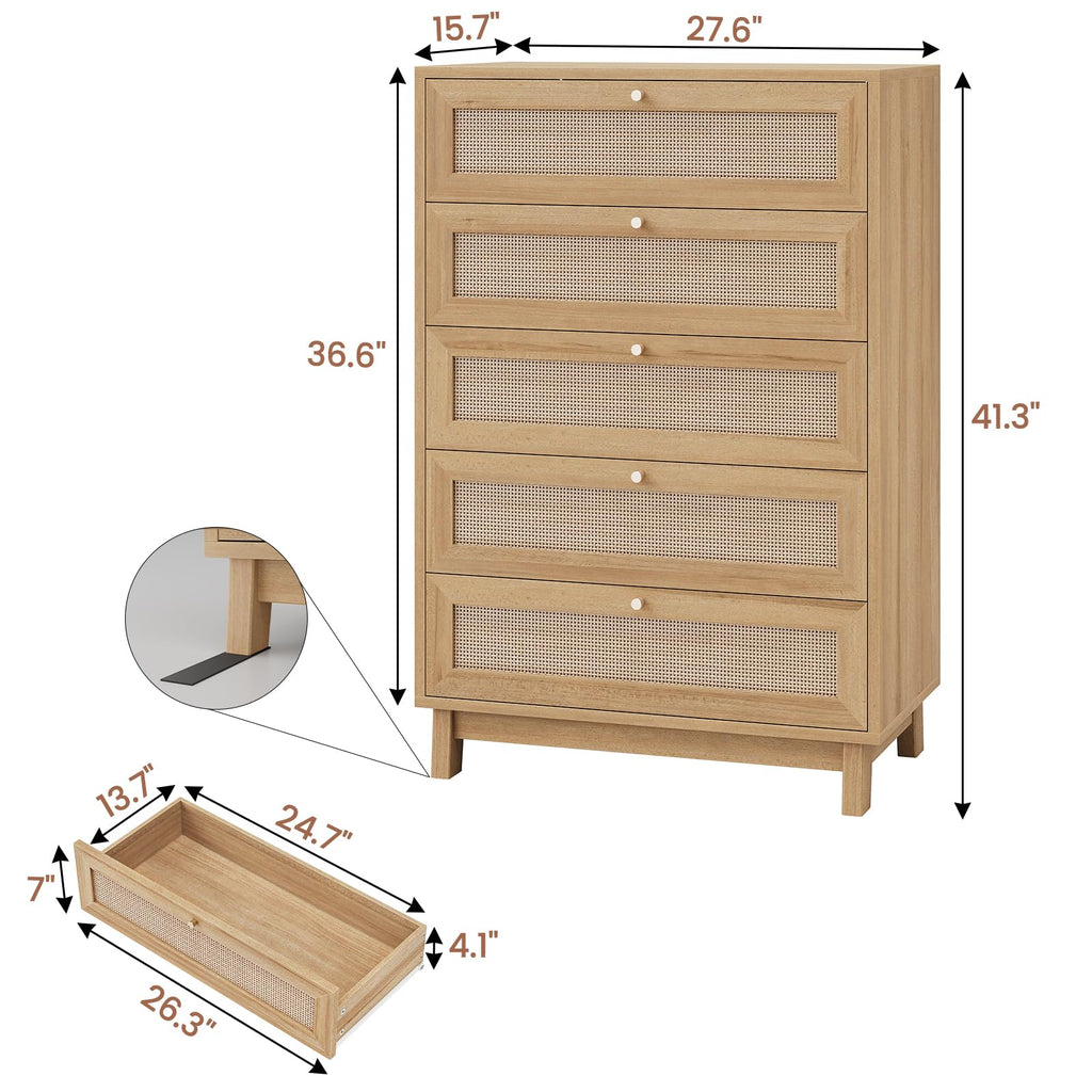 Rattan Dresser, 5 Drawer Dresser with Natural Rattan Drawers, Wooden Tall Cabinet with Gold Handles, Modern Closet