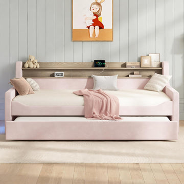 Twin Upholstered Daybed with Trundle and Charging Station, Pink | Storage Headboard, LED Bedside Light, USB Charging