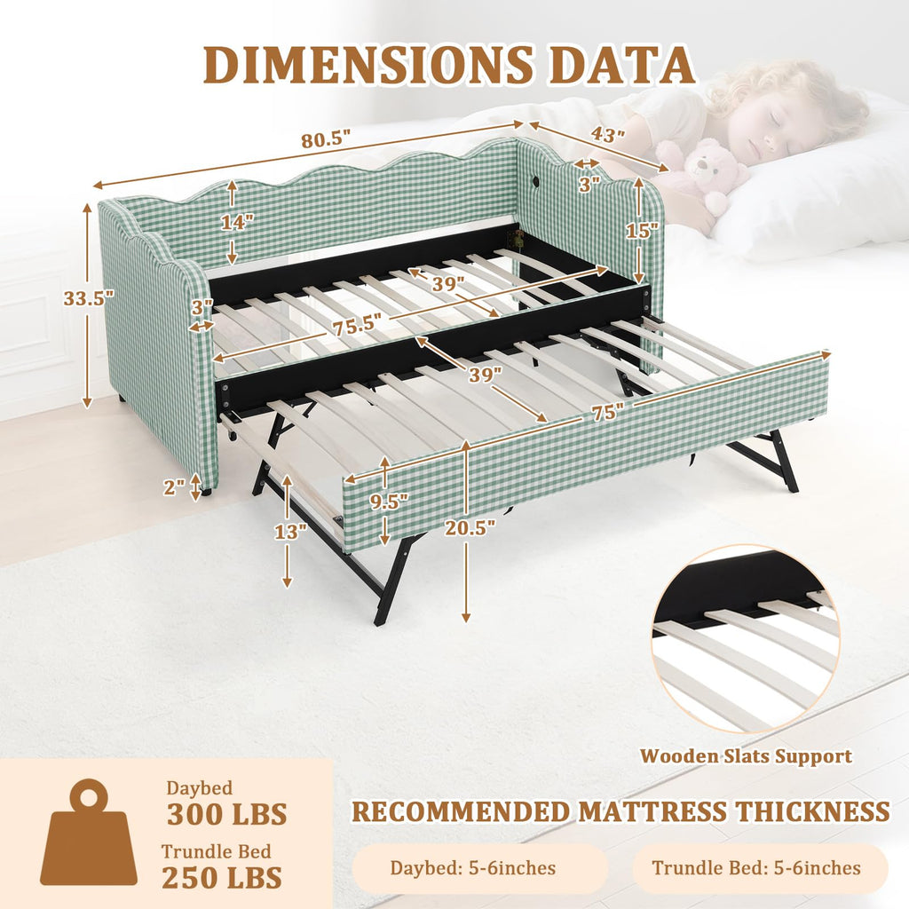 Twin Size Gingham Daybed with Trundle, Upholstered Linen Day Bed Frame with USB Ports & Wave-Shaped Backrest, Modern