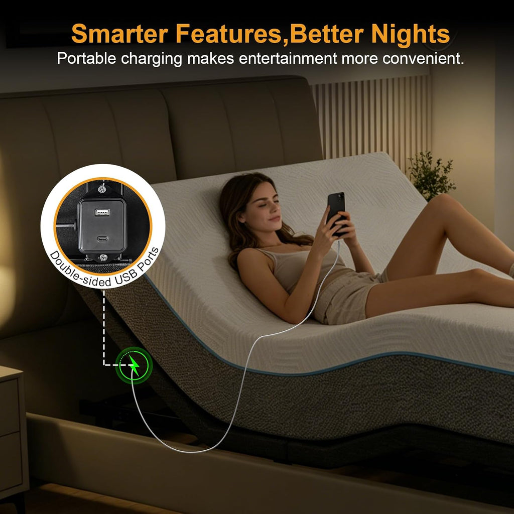 Split King Adjustable Bed Frame with Head and Foot Lift & Head-Pillow-Tilt, Electric Bed Base with Under-Bed LED