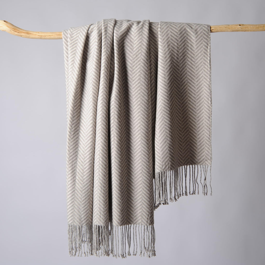 Silk Throw Blanket with Hand-Knotted Fringe, Natural, Soft & Breathable (Herringbone Gray)