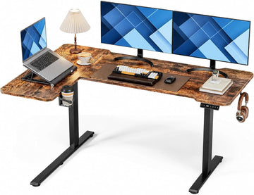 L Shaped Electric Standing Desk - 59x40 Inch Reversible Corner Sit Stand Desk with Hook&Cup Holder,Electric Height