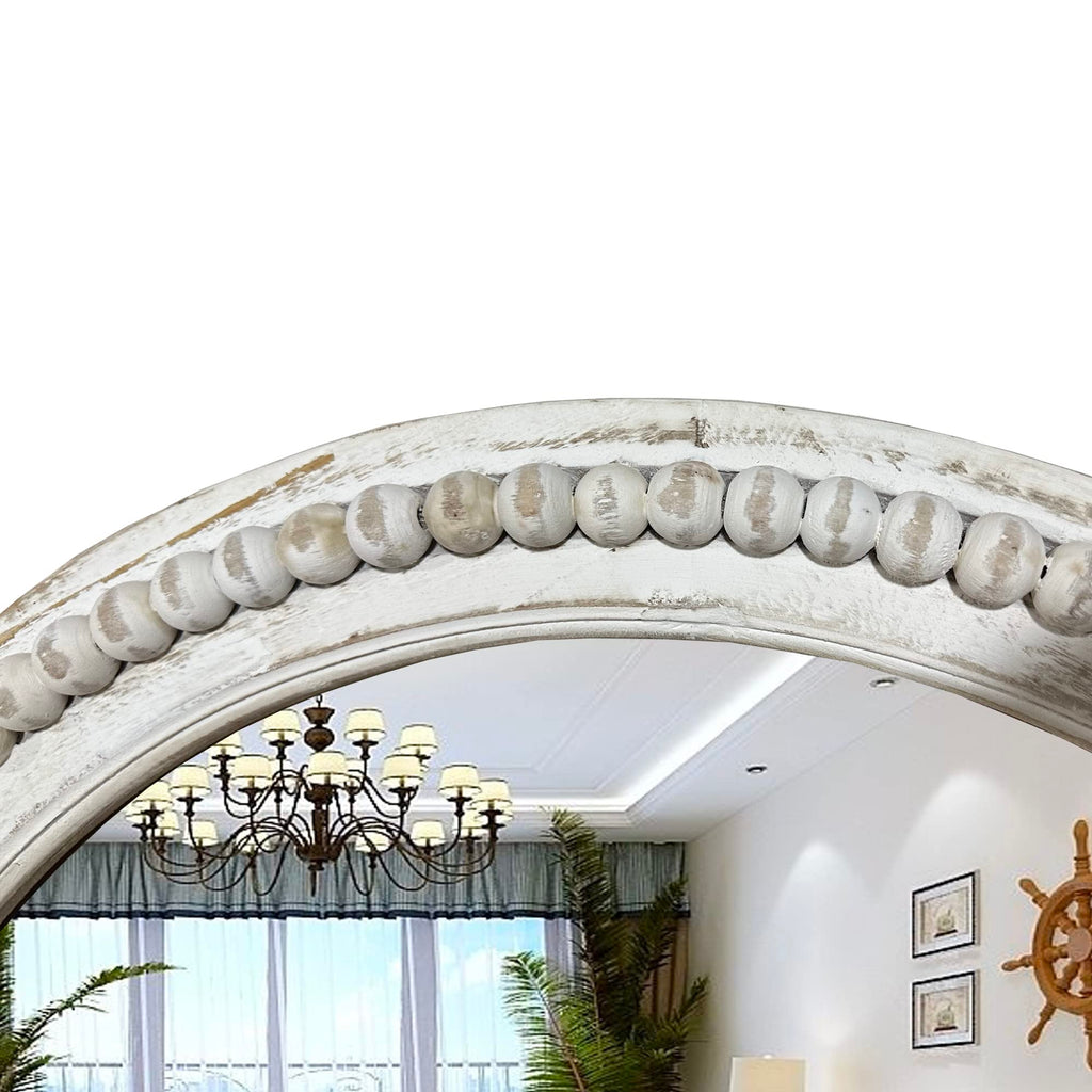 Rustic Round Wall 24 Inch Wood Circle Mirror with Beads, Decorative Farmhouse Mirror (White)