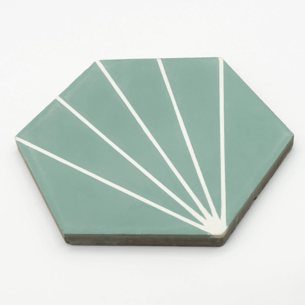 Menara Hexagon Handmade Cement Tiles, Pack of 12, Green and White Lines