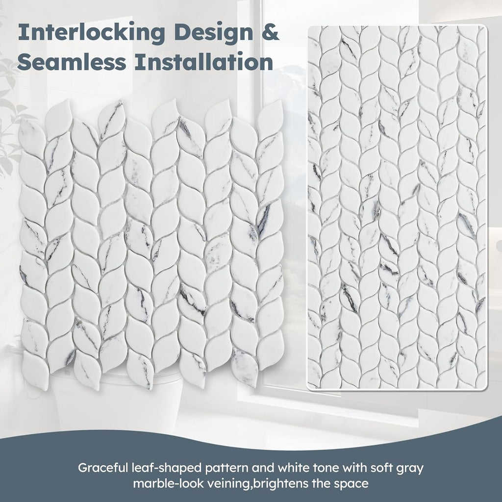 Recycled Glass Backsplash Tile, White Marble Leaf-Shaped, 5 Sheets | Mesh Mounted, 3D Faux Stone, Glass Mosiac
