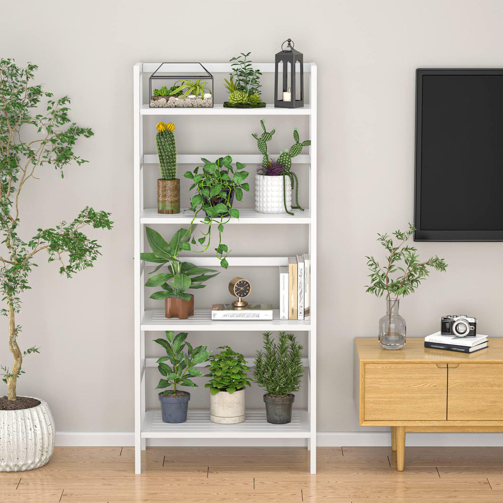 White Ladder Shelf, Bamboo 4-Tier Bookshelf & Bookcase Organizer