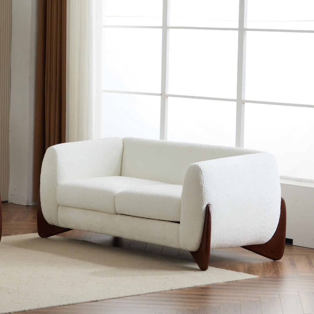 63 Inch Modern Boucle Upholstered 2-Seater Sofa, Chenille Fabric Loveseat with Solid Wood Legs, Low Profile Small