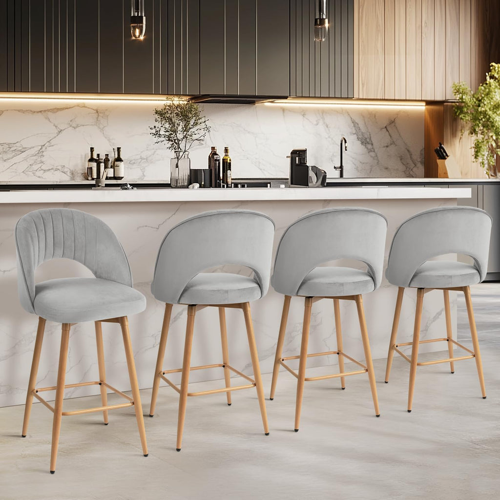Swivel Bar Stools Set of 3, Counter Height Barstools Island, 26" Seat Height Bar Chairs, Velvet Upholstered Bar Stool
