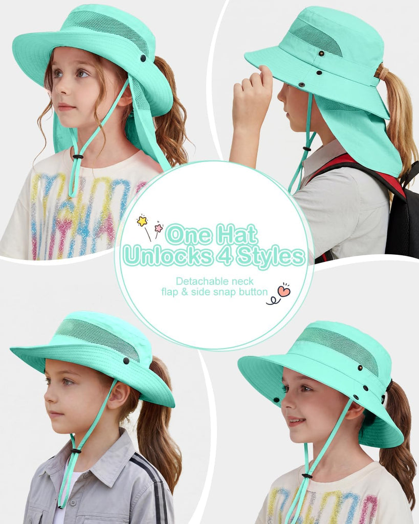 Kids Sun Hat with Ponytail Hole & Detachable Neck Flap UPF50+ Quick Dry Girls Bucket Hat for Outdoor Beach