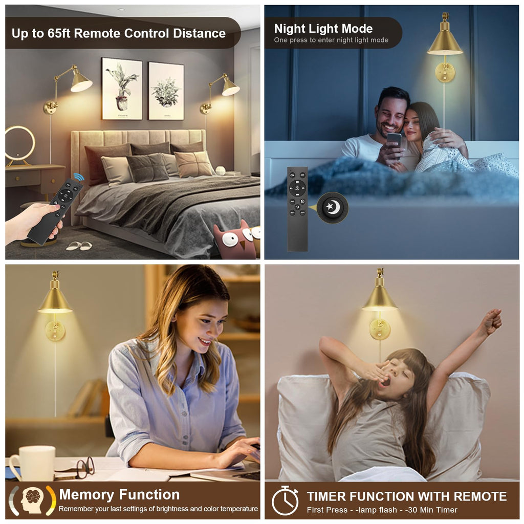 Wall Sconce with Remote Control, Brushed Brass Plug in Wall Sconces Dimmable and Adjustable Color Temperature