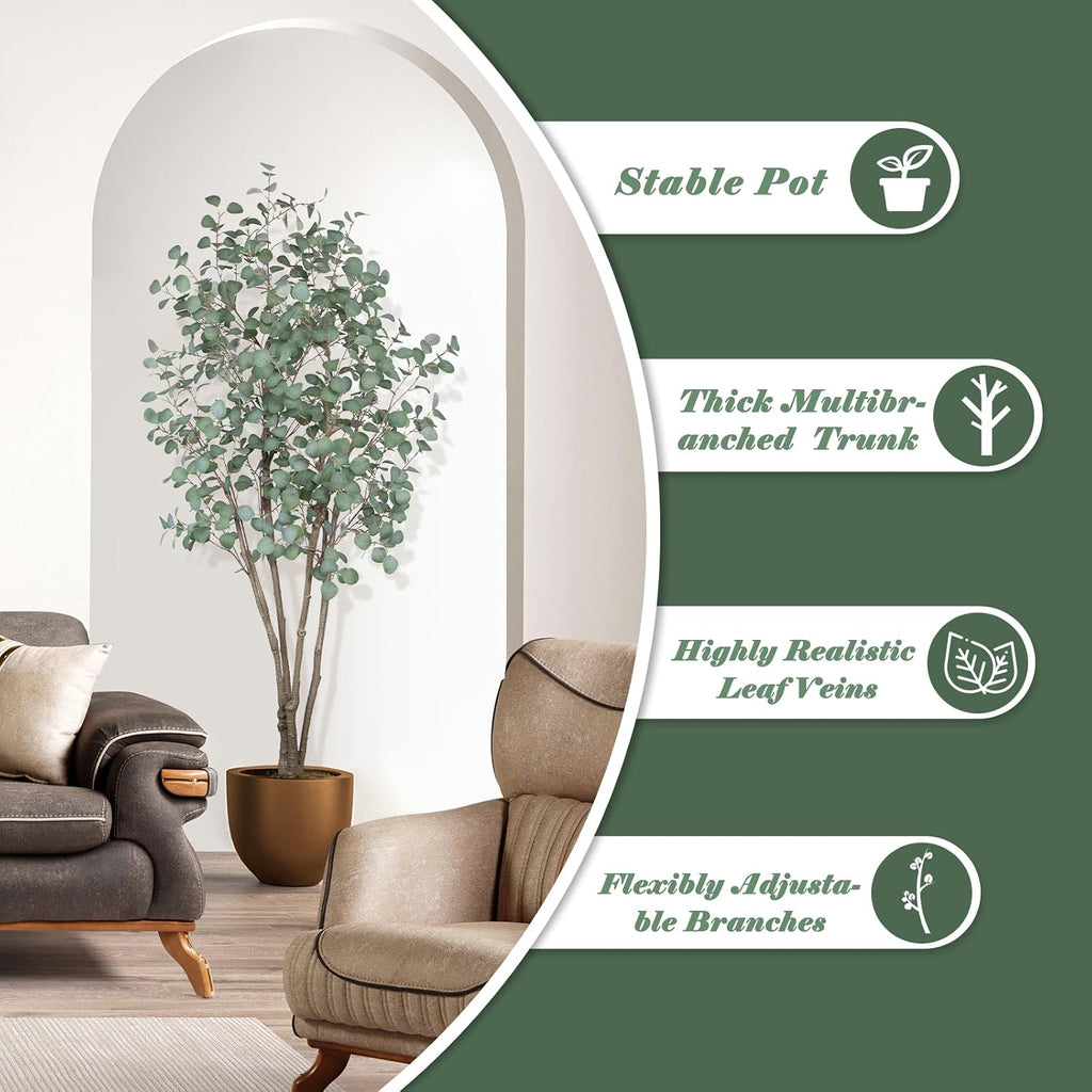 7FT Artificial Eucalyptus Tree Indoor, Tall Faux Eucalyptus Plant with Pre-Potted Realistic Silk Leaves and Trunk