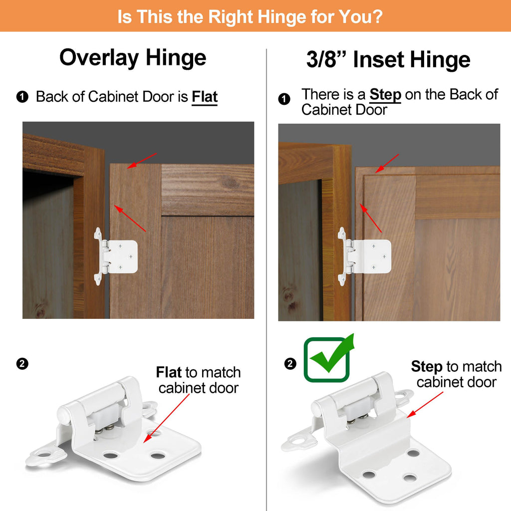 White Cabinet Hinges, 3/8" Inset, 4 Pack
