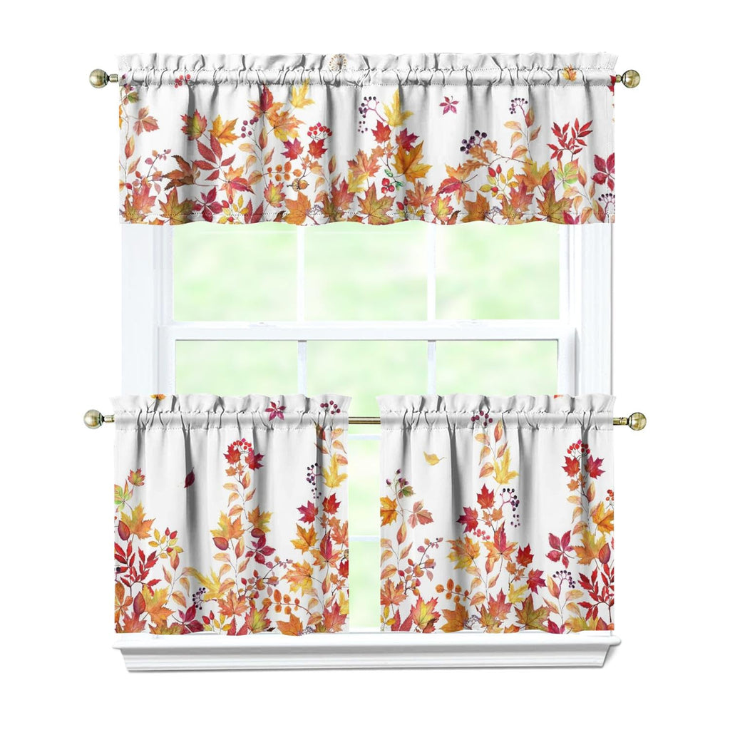 Fall Thanksgiving Kitchen Curtain Valance 3 Piece Set, Autumn Maple Leaf Berry Kitchen Decor, Thanksgiving Fall