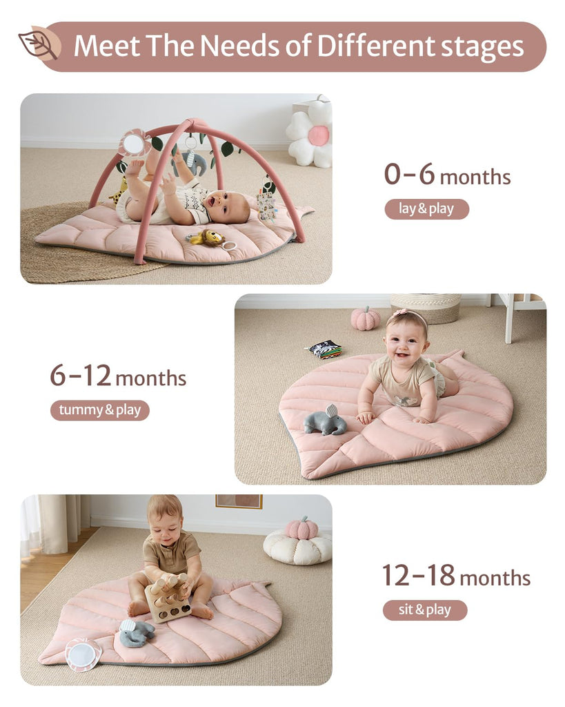 Play Gym & Activity Mat, Oversize Leaf Shaped Tummy Time Baby Play Mat w 6 Detachable Toys Promotes Motor Skills &