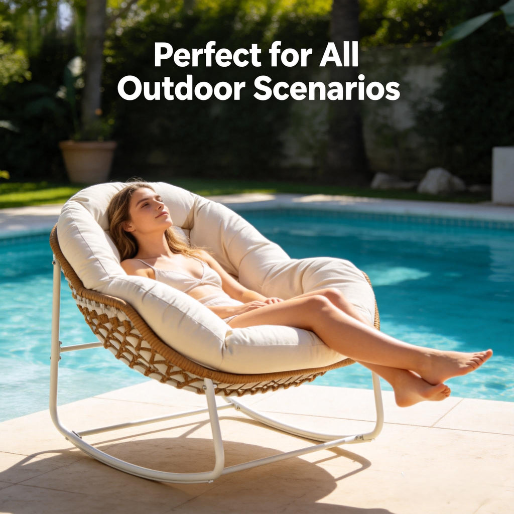 Oversized Outdoor Papasan Rocking Chair Set of 2 with Soft Cushion, Comfy Patio Egg Chair, Wicker Lounge Rocker for