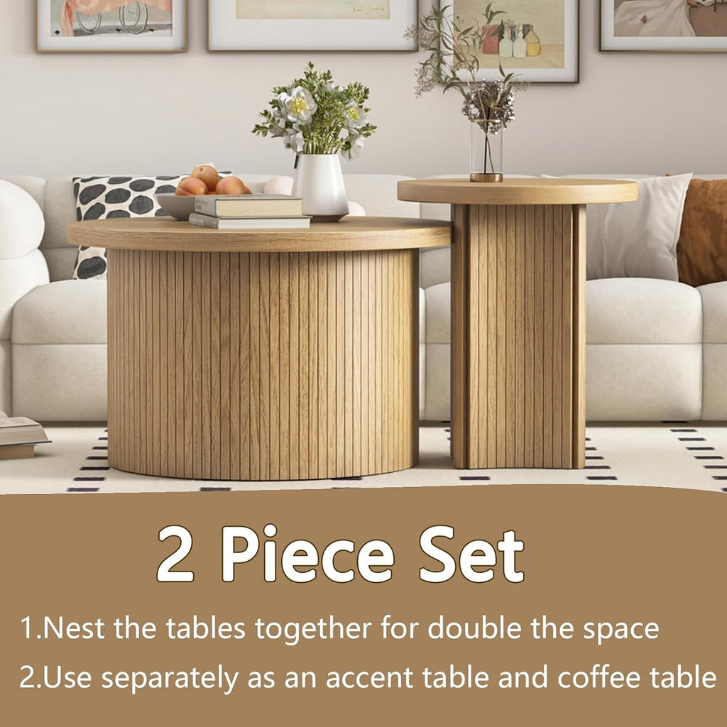 Farmhouse Set of 2 Nesting Coffee Tables, Round Coffee Set Saves Space