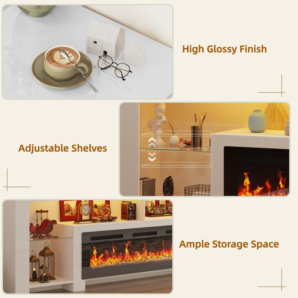 94.5" Extra Long Fireplace TV Stand with 50" Electric Insert, Modern High Gloss Entertainment Center for Up to 100"