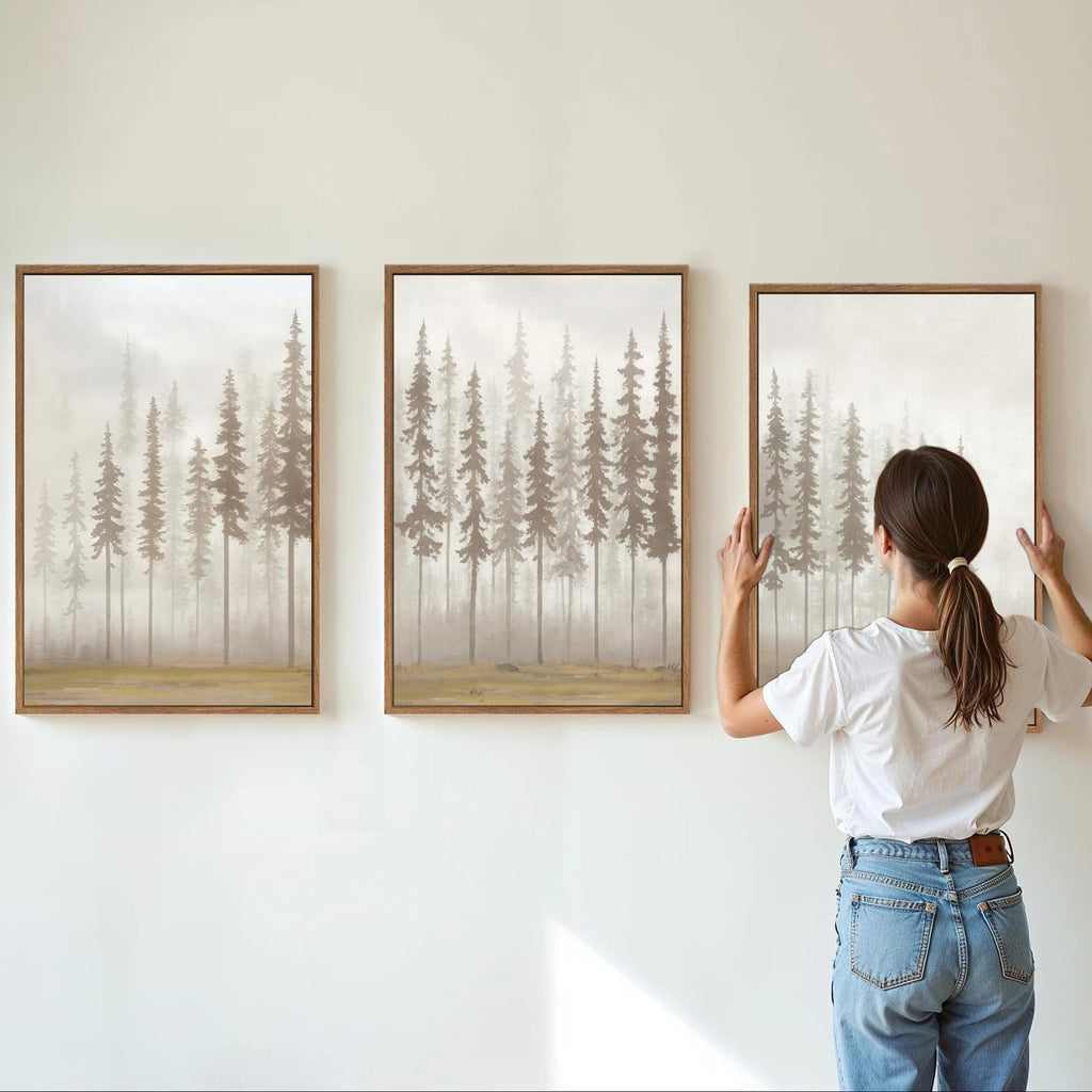 Large Pine Tree Framed Canvas Wall Art Set, Foggy Forest Landscape Wall Decor, Modern Beige Nature Artwork, Misty