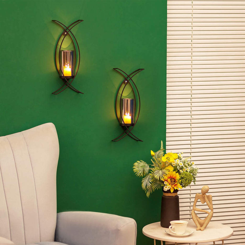 Black Metal Wall Candle Sconces Set of 2 with Glass Hurricanes