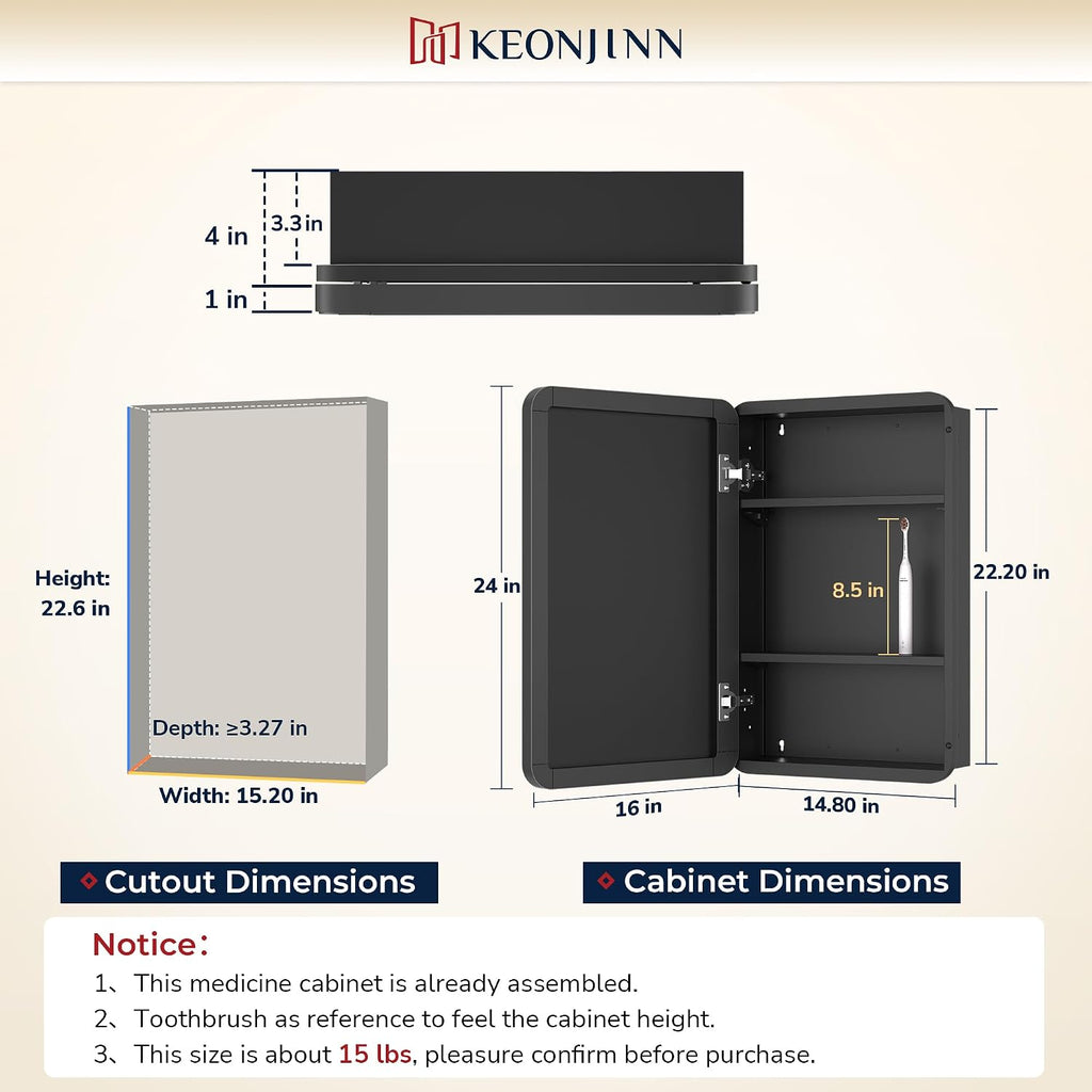 16"x24" Recessed Medicine Cabinet with Mirror, Brushed Nickel | Stainless Steel Framed, Adjustable Shelves, Recessed