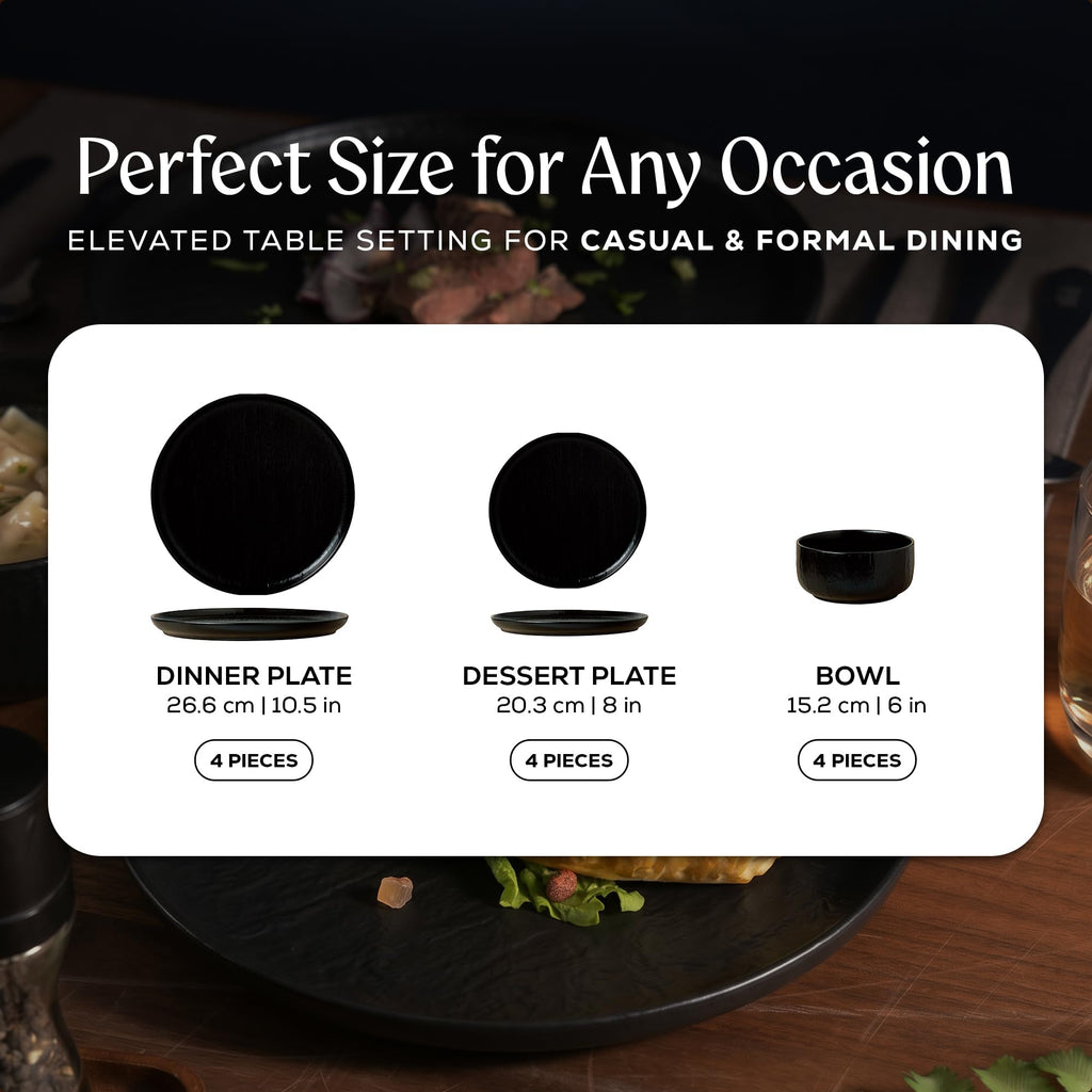 Durable Stoneware Dinnerware Set with Reactive Glaze Finish, 12-Piece, Ari Matt Black