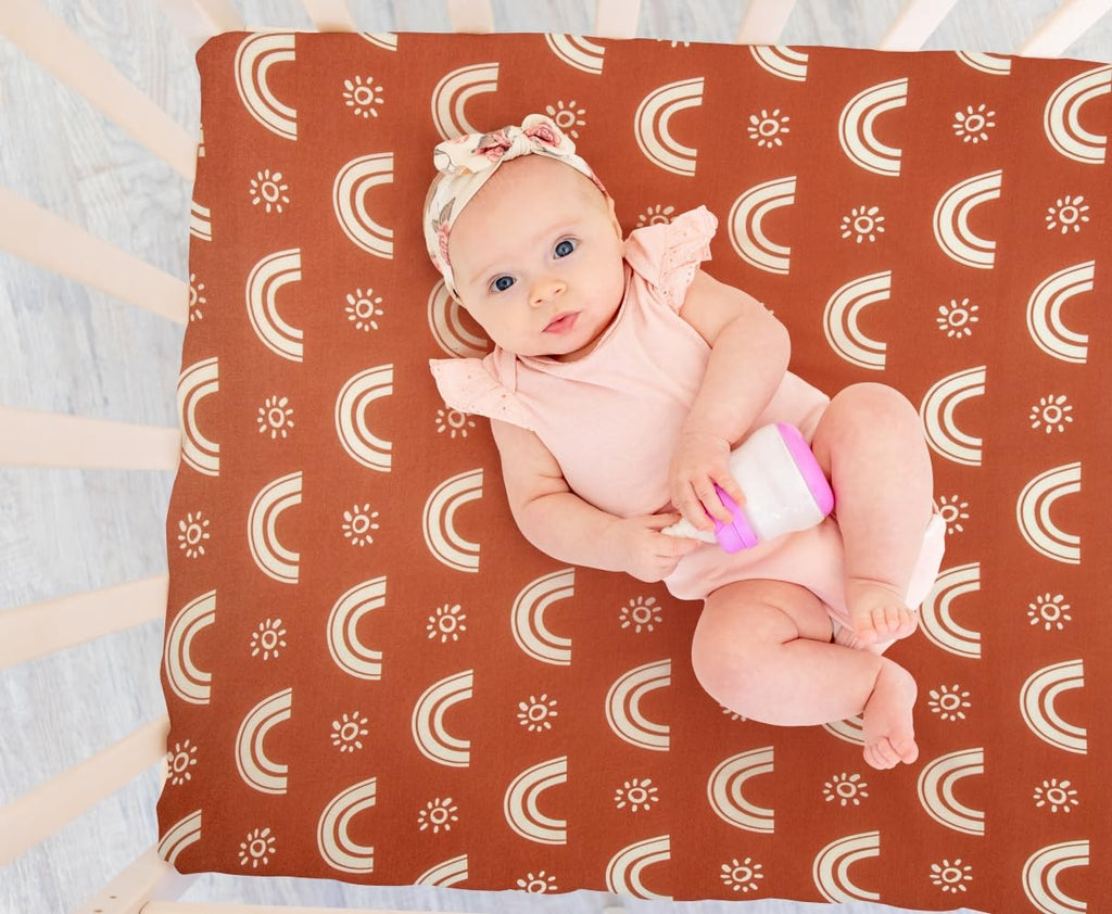 4 Pack N Play Sheets - Mini Crib Sheets Boho Nursery Sheets, Sunshine & Rainbow Design - Neutral Unisex Fitted Baby