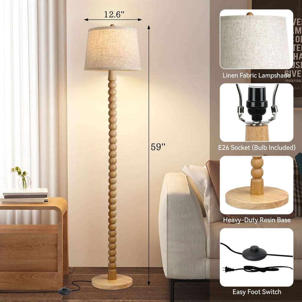 Real Wood Floor Lamp, Wooden Standing Lamp with 3 Color Changing Bulb Included, Tall Lamp with Linen Shade, Farmhouse