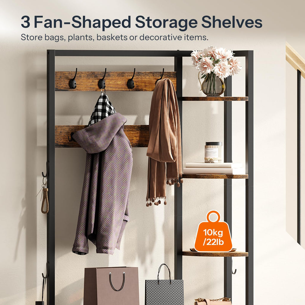 Hall Tree with Shoe Rack and Coat Hooks, Rustic Brown and Black