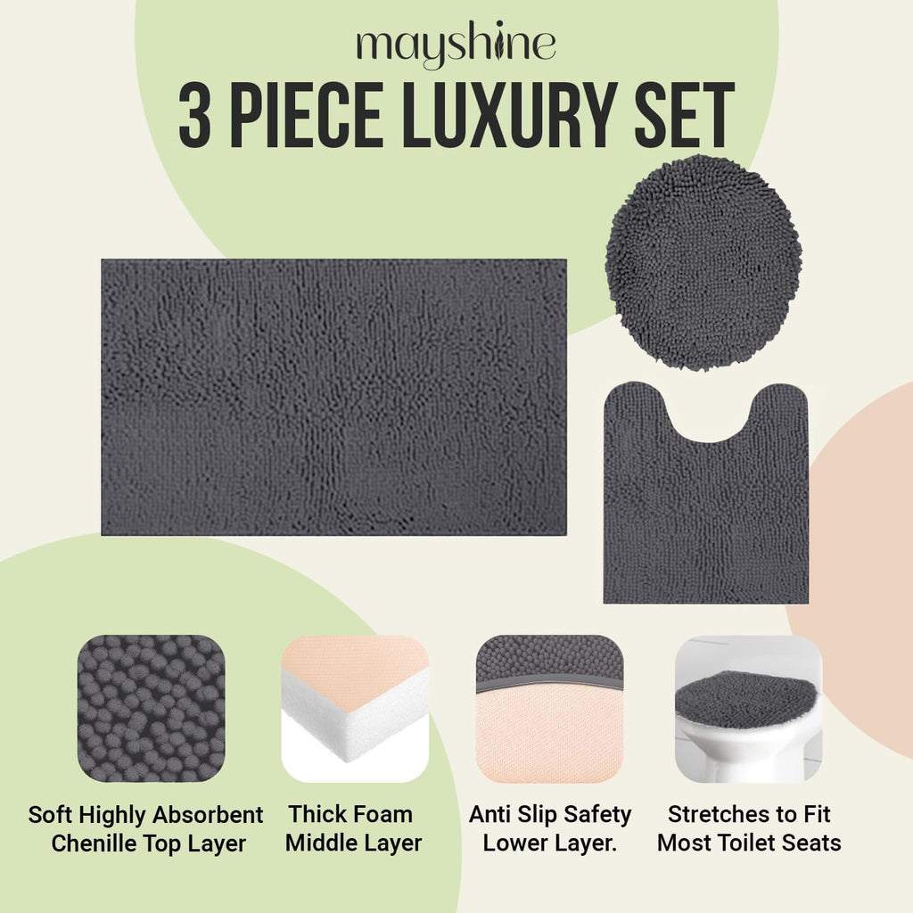 Standard 3pc Set Chenille Bath Mats, Includes 21"x24" U-Shaped Contour Toilet Rug, 21"x34" Inches Bathmat and 1