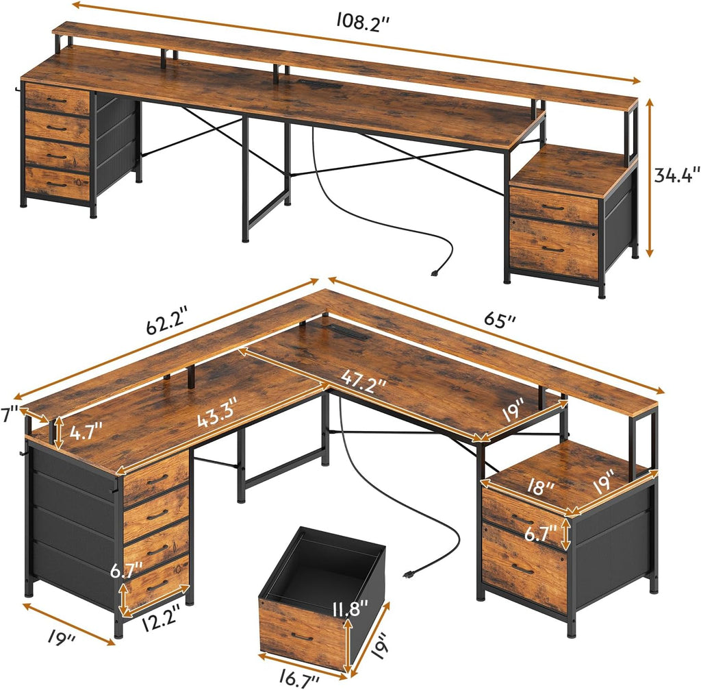 L Shaped Computer Desk with 6 Drawer, File Drawer & Power Outlet | 108" Corner Desk with Monitor Shelf, File Cabinet
