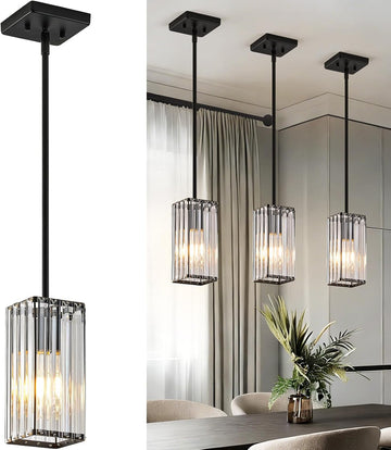 Modern Crystal Pendant Lights Kitchen Island, 3-Pack Black Hanging Light with Clear Crystal Shade, Adjustable Height