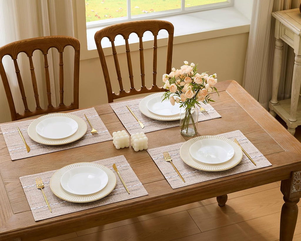 Linen Place Mats, Brown Embroidered Placemats Set of 4