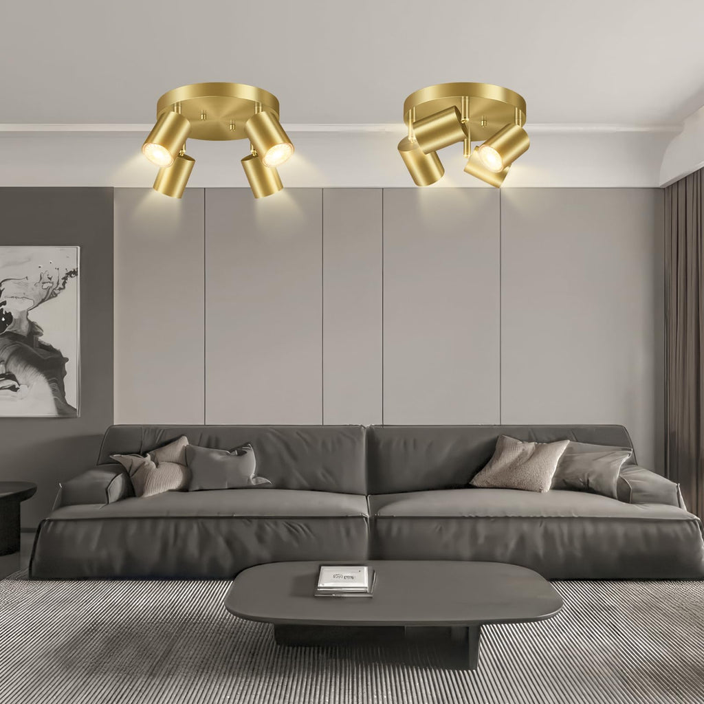 LED 4 Light Track Lighting Kit, LED Track Lighting Fixtures, Gold Round Ceiling Spot Lighting, Flexibly Rotatable