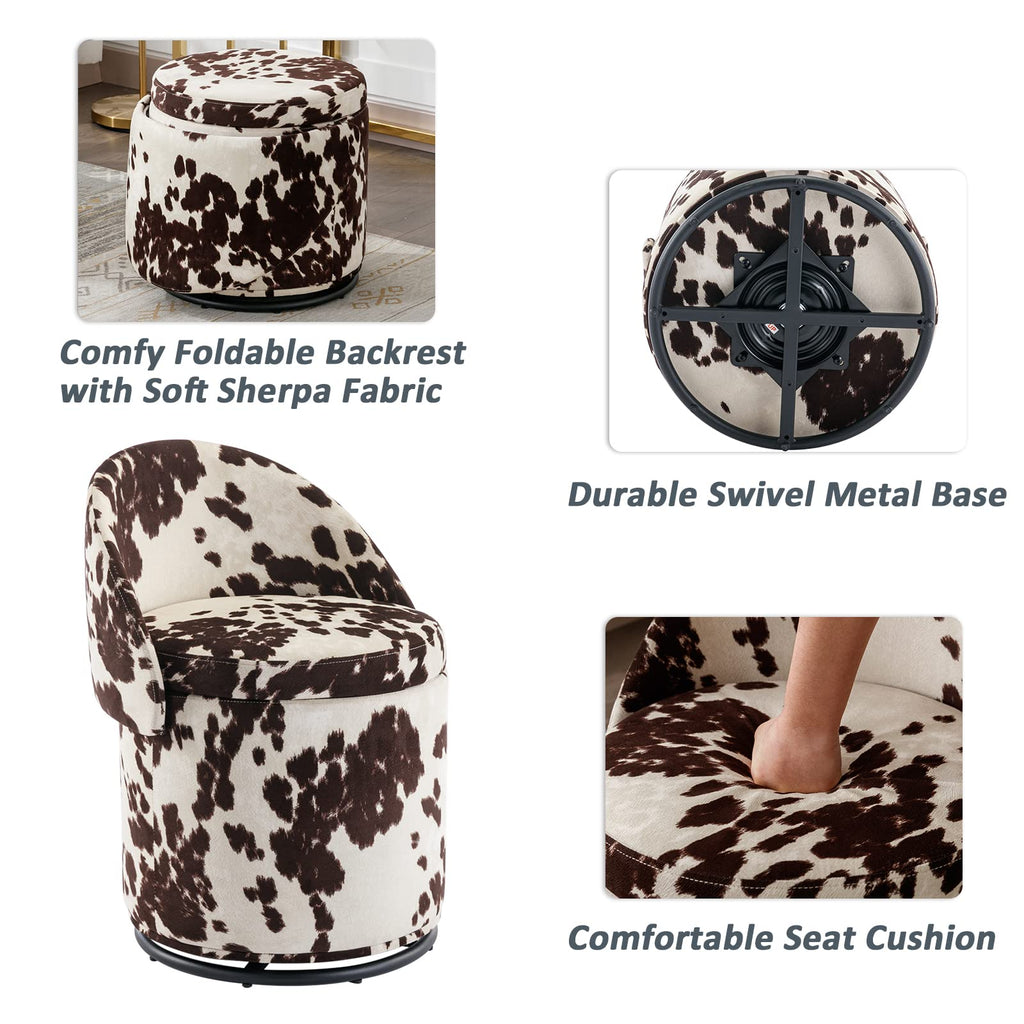 Modern Round Swivel Vanity Storage Stool with Foldable Backrest, Linen Upholstered Ottoman with Removable Lid