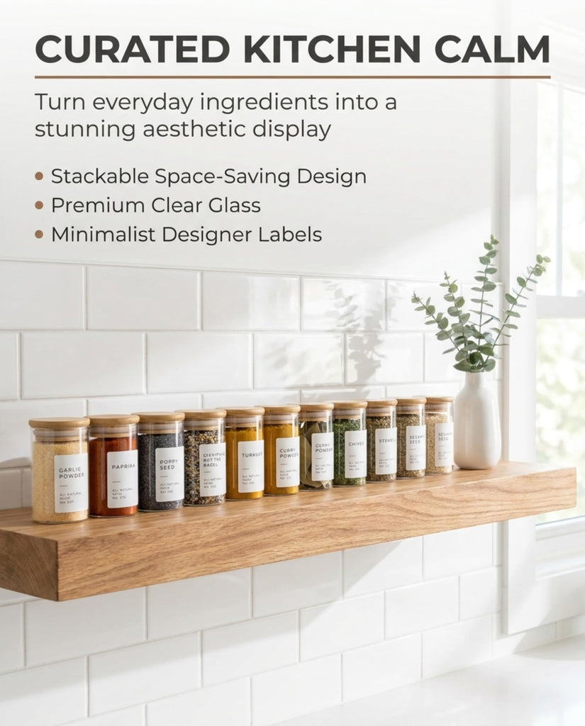 Glass Spice Jars with Label Pack (12x Bamboo Lid Glass Jar) Small 6oz Empty Spice Storage Bottles with 112 Printed