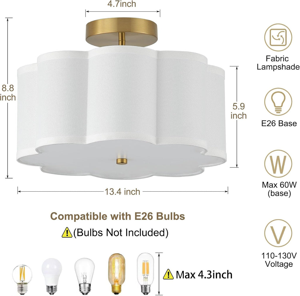 13.3"Semi Flush Mount Ceiling Light Fixture, Light Modern Close to Ceiling Light With Fabric Flower-Shaped Shade