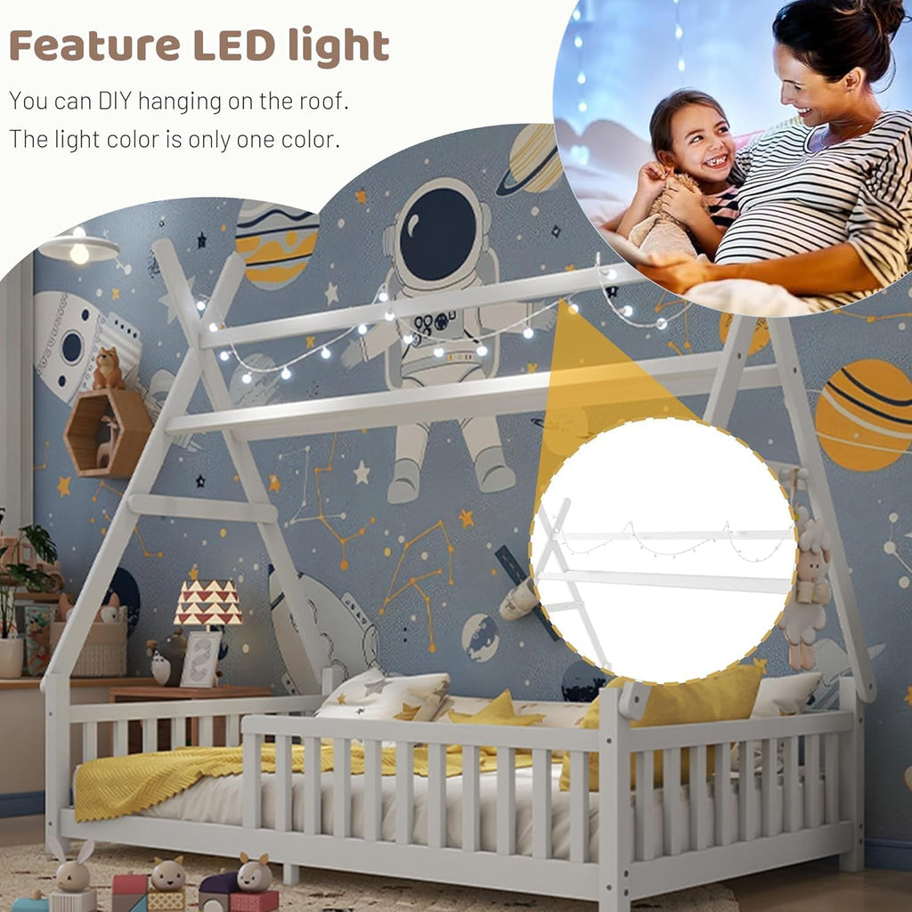 Twin Tent-Shaped Bed for Kids with LED Light, Teepee Floor Bed with Guardrails, Wooden Montessori Bed Frame