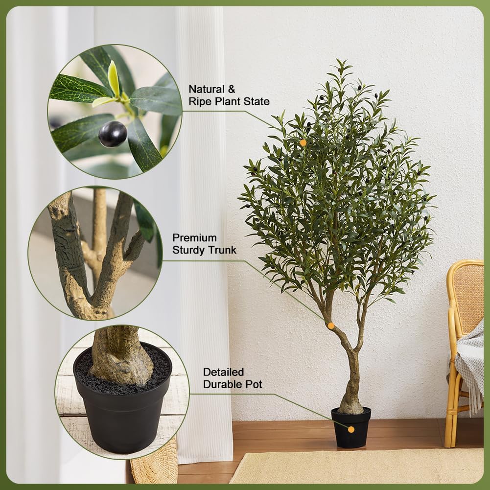 Artificial Olive Tree 6FT Fake Plants Indoor - UV Resistant Faux Olive Tree in Black Pot, Outdoor Tall Faux Silk Tree