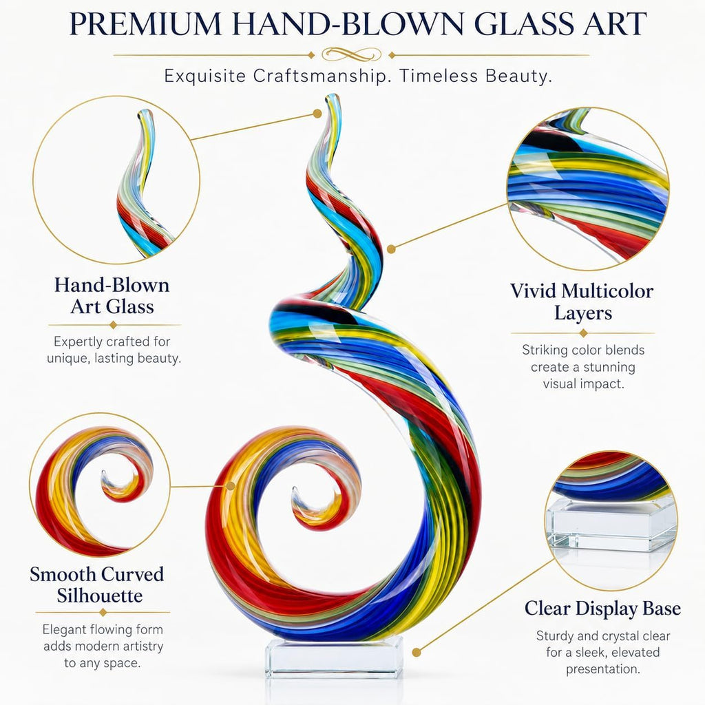 13.7" Colour Hand-Blown Art Glass Sculpture,Abstract Rainbow Swirl Style Sea Glass Statue and Figurine,Coastal Ocean