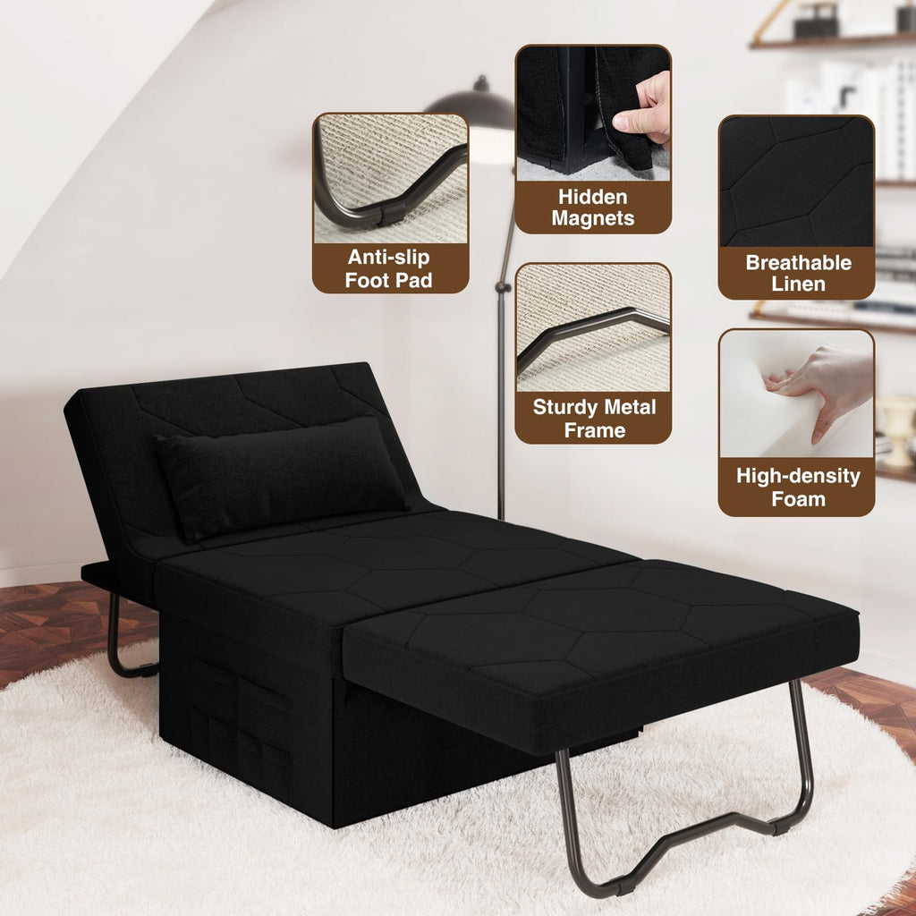 4 In 1 Convertible Sleeper Sofa Chair (DBlack, 72.4''L x 36.6''W x 15.7''H)