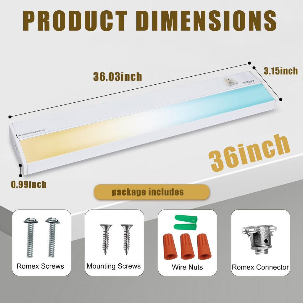 Hardwired Under Cabinet Lighting, 36in 22W LED Light /Closet, 1426lm, CRI>92, R9>90, Dimmable, 5 Color Temperature