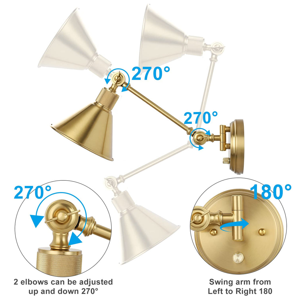 Wall Sconce Plug in, Dimmable Wall Sconce Brushed Brass Swing Arm Wall Lights with Plug in Cord and Dimmer On/Off
