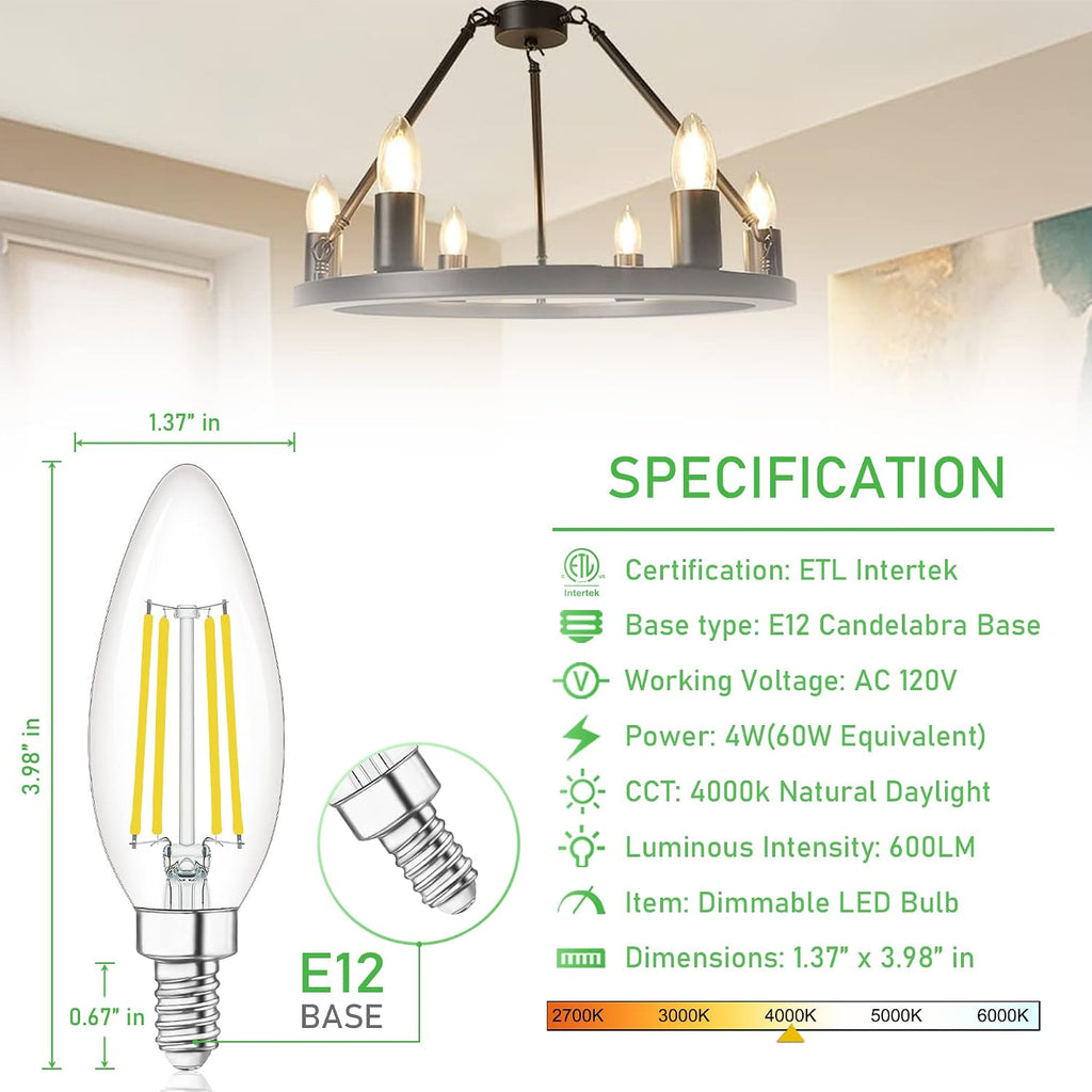 E12 LED Light Bulb Candelabra 60W Equivalent 4000K Natural White