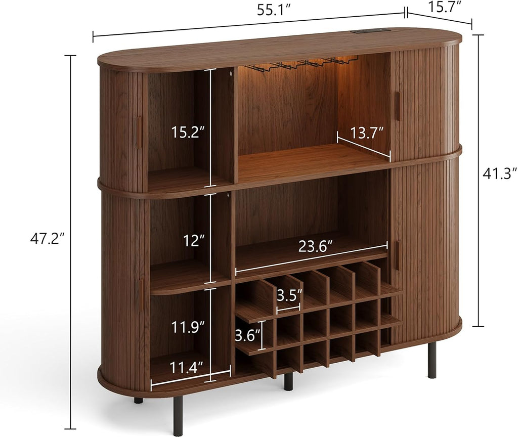 55" Fluted Wine Bar Cabinet with Power Outlet Walnut | Large Coffee Bar, Liquor Whiskey Cabinet, Home Bar, with LED