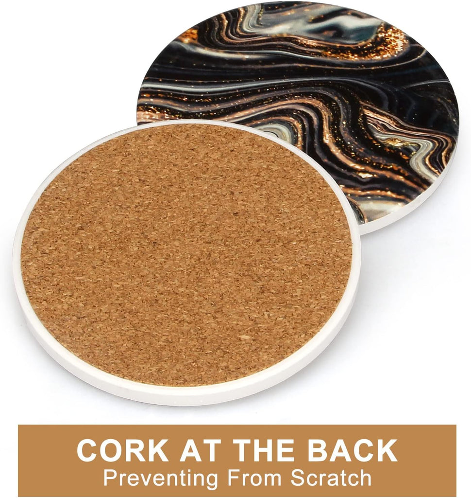 Black and Gold Marble Coasters with Holder Best Round Absorbent Coasters for Drinks, Coffee, Beer, Table Marble - Set of 6