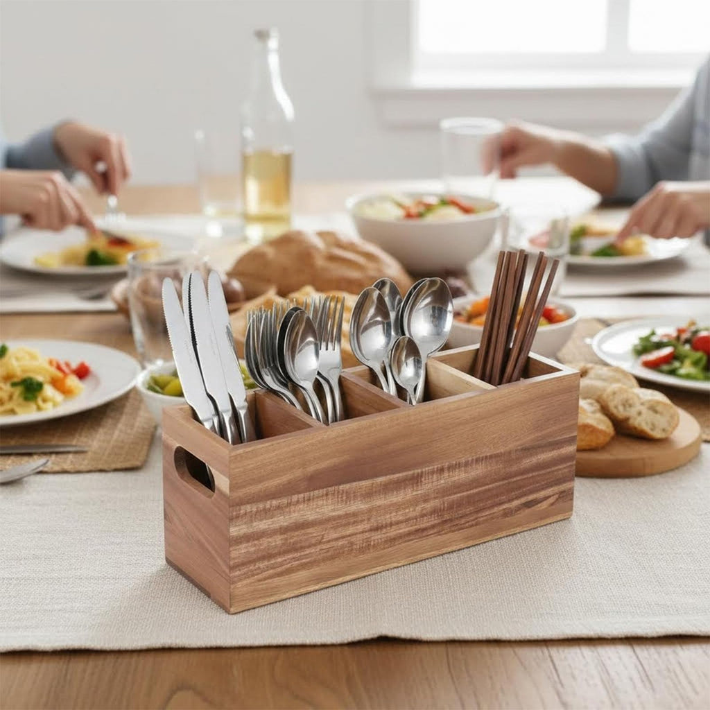 Silverware Holder,Acacia Wood Utensil Holder for Countertop,4 Compartment Silverware Caddy Organizer,Large Silverware