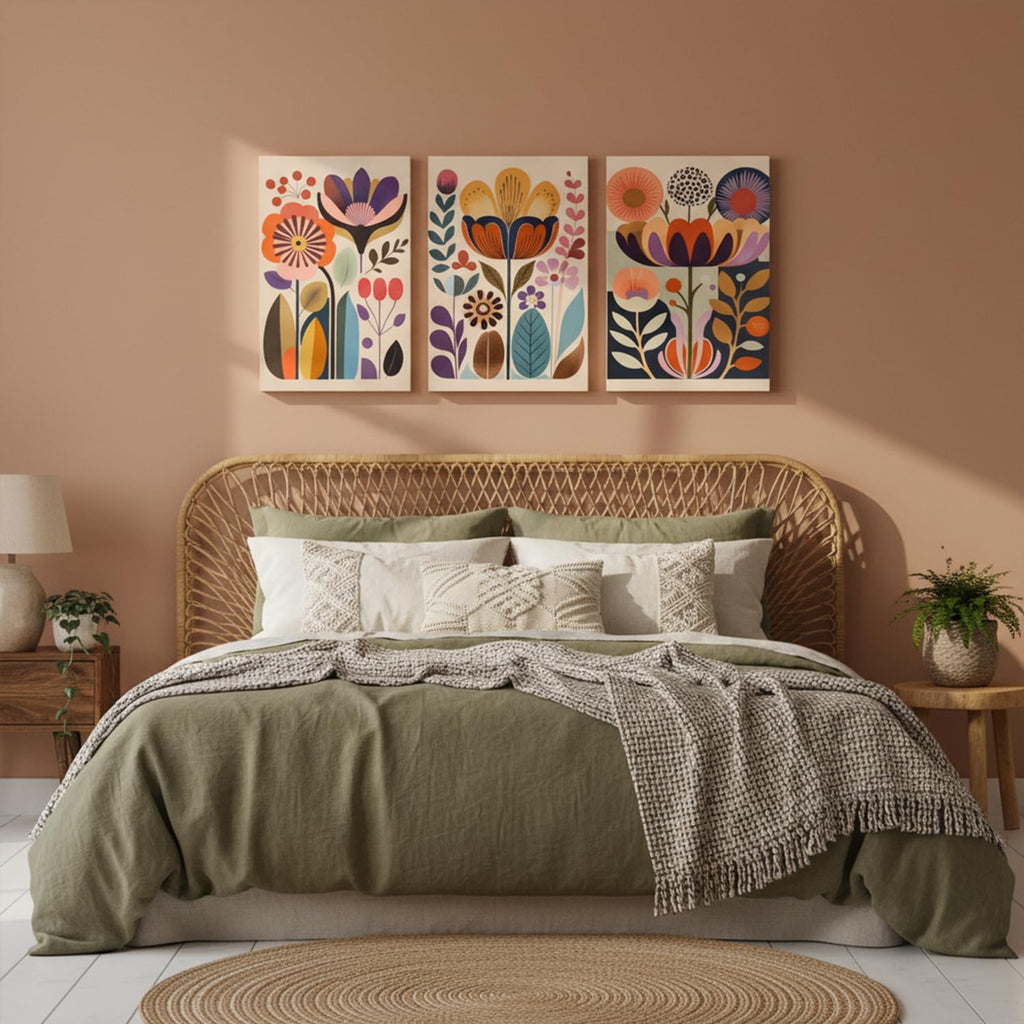 Scandinavian Flower Canvas Wall Art Mid Century Colorful Floral Wall Decor