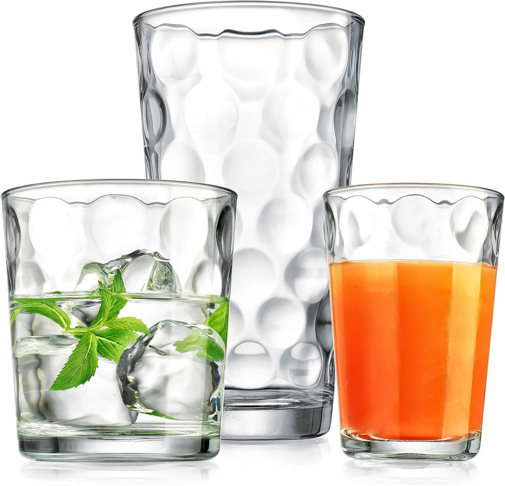 12-pc Galaxy Glassware - Drinking Glasses, Mixed Drinkware Set. Highball 17 oz. Rock 13 oz. Juice 7 oz. Glass Tumblers