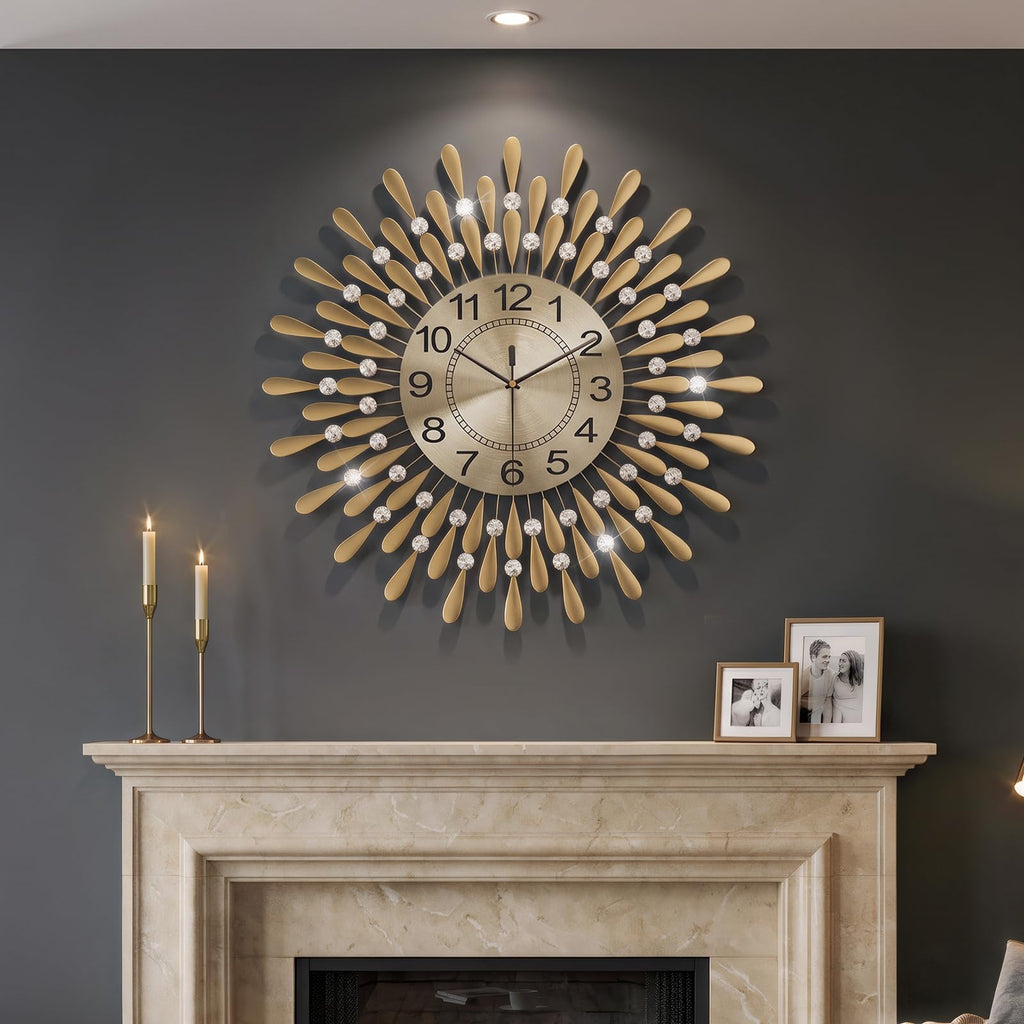 24 Inch Wall Clock Gold Crystal Sunburst Decorative Metal Clock